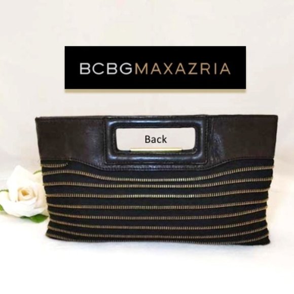 BCBGMaxAzria Brown Black Clutch Genuine Leather Trim Elegant Gold Zipper Design - Picture 2 of 11